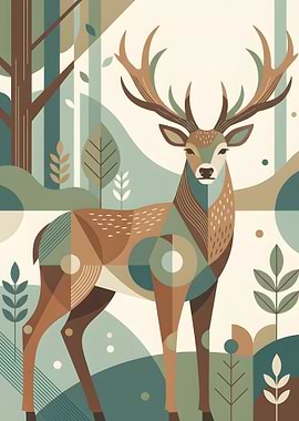 Geometric Deer in Forest Illustration