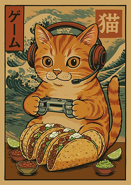 Gaming Cat Taco Poster, Funny Cat Gamer Art, Japanese Wave Style Wall Print