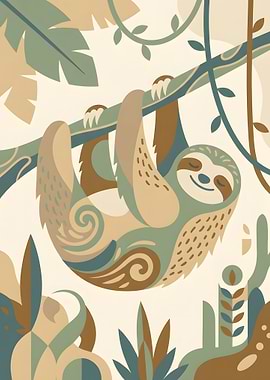 Stylized Sloth Hanging from Branch Illustration