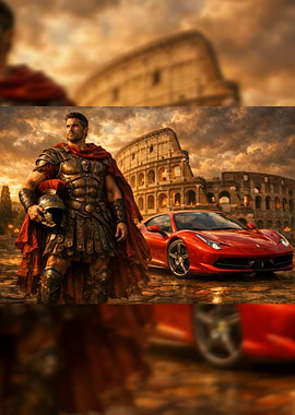 Roman Warrior with Red Sports Car