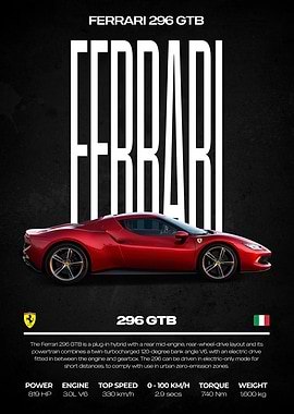 Ferrari 296 GTB Red Car Poster