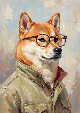 Shiba Inu Portrait with Glasses and Jacket