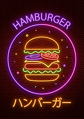 Neon Hamburger Sign with Japanese Background
