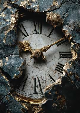 Cracked Clock Face with Roman Numerals
