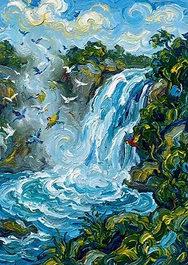 Waterfall and Birds Impressionistic Painting