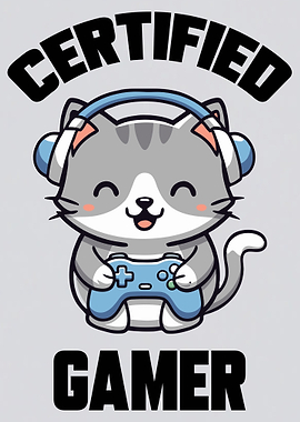Certified Gamer Cat Cartoon Gaming