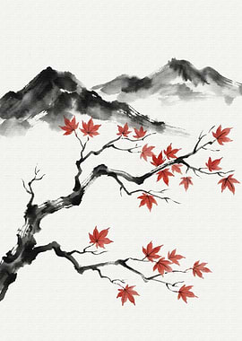 Japanese Ink Painting with Maple Leaves