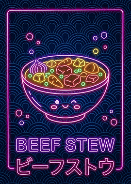 Neon Beef Stew Kawaii Illustration