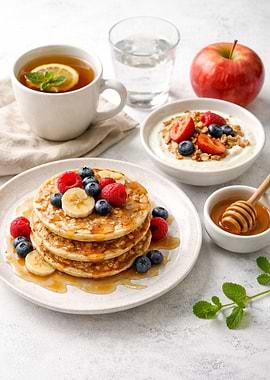 Pancakes with Berries and Honey Breakfast