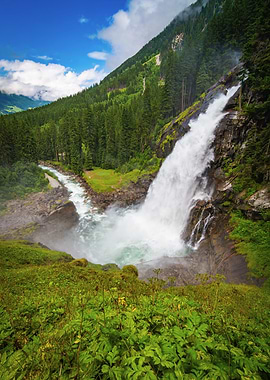 Krimml Waterfall in Lush Green Mountain Landscape
