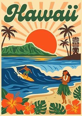 Hawaii Retro Travel Poster Illustration