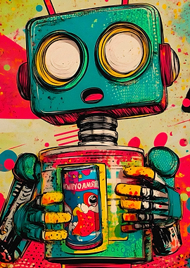 Colorful Robot Holding a Can