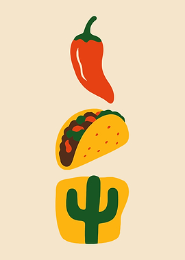 Mexican Food Icons: Pepper, Taco, Cactus