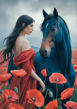 Woman and Horse in Poppy Field