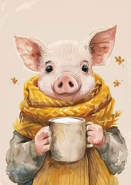 Cozy Piglet with Mug Watercolor Painting