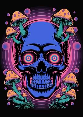 Psychedelic Skull with Mushrooms Illustration