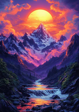 Mountain River Sunset Landscape