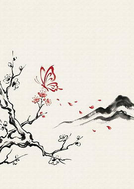 Butterfly on Blossoms Ink Painting