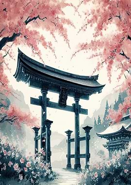 Japanese Torii Gate with Cherry Blossoms