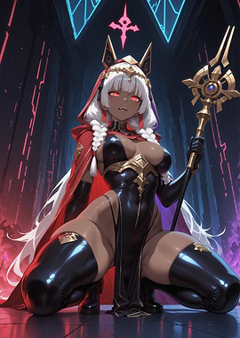 Anime Woman with Staff and Red Eyes