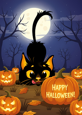 Halloween Cat and Pumpkins Cartoon