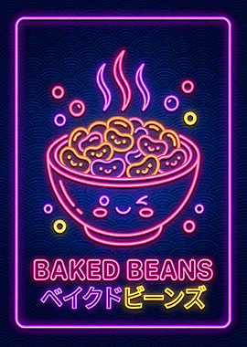 Neon Baked Beans Kawaii Illustration
