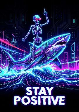 Cyberpunk Skeleton Riding Shark, Stay Positive