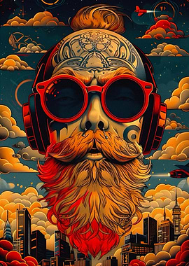 Bearded Man with Headphones and Cityscape