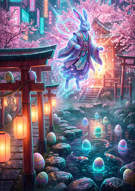 Cyberpunk Easter Bunny in Japanese Garden