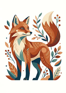 Geometric Fox Illustration with Floral Accents