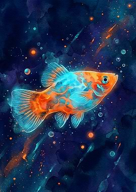 Watercolor Fish in Deep Blue Sea