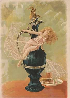 Vintage Illustration: Woman, Goat, and Refreshments