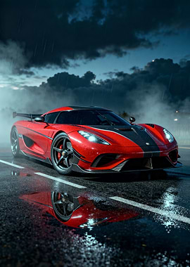 Red Koenigsegg Agera in the Rain