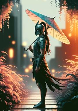 Armored Warrior with Umbrella in Fantasy Setting