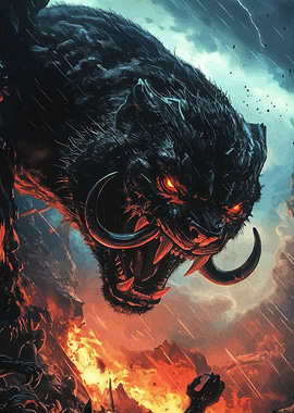 Fearsome Beast in Fiery Landscape