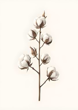 Cotton Branch Illustration on Cream Background
