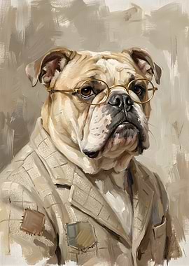 Bulldog Portrait with Glasses and Jacket