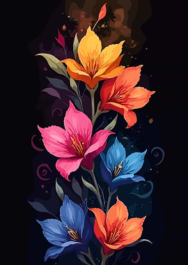 Colorful Lily Flowers on Black Background