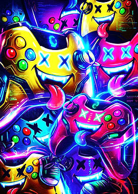 Neon Game Controller Cartoon