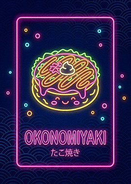 Neon Okonomiyaki Japanese Food Illustration
