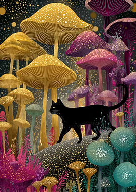 Black cat in a mushroom forest