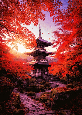 Japanese Pagoda in Autumn Landscape
