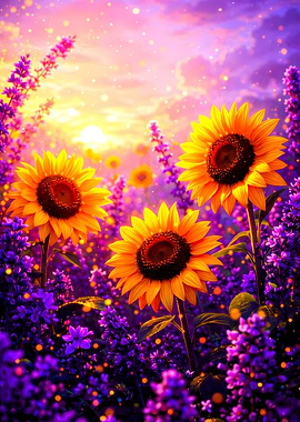 Sunflower field with lavender and sunset