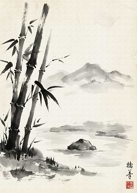 Bamboo and Mountain Ink Painting