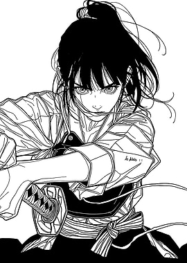 Anime Girl with Sword, Black and White