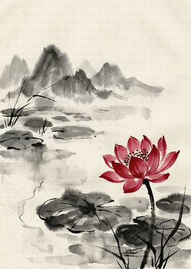 Lotus flower and mountain ink painting