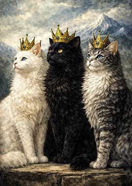 Three regal cats with crowns painting