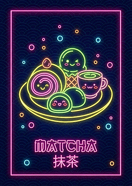 Neon Matcha Dessert Kawaii Illustration