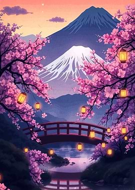 Mount Fuji Cherry Blossoms and Bridge