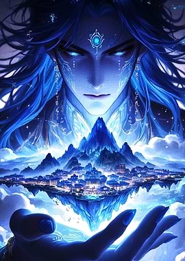 Blue Fantasy Cityscape with Guardian